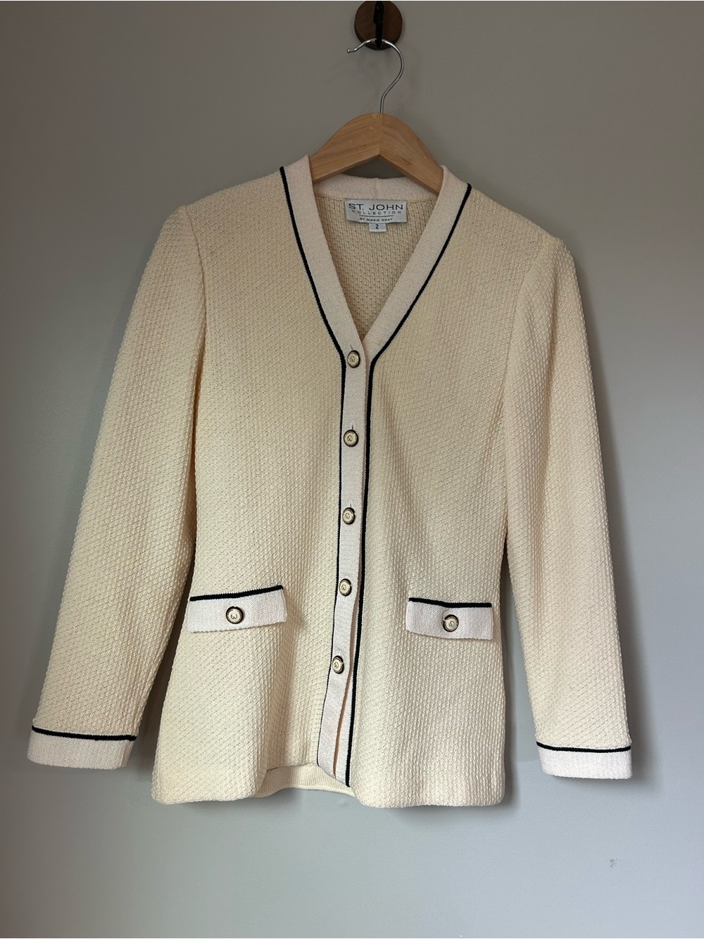 St. John Cream Bouclé Knit Blazer with Black Trim